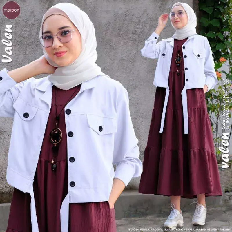 Valen set 2in1 Setelan Polos  Baju  wanita Muslimah Iner  Gamis Panjang + Atasan outhers Putih Terbaru Kancing Aktif Bahan Crinkle Fremium 6
