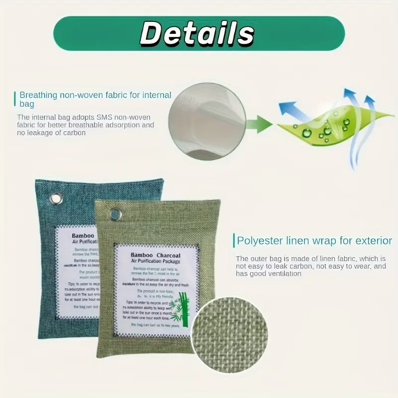 Product Introduction of 800G (20.6Oz) of 4 Different Colored Bamboo Charcoal Air Purifying Packs, Reusable, Suitable for Home Rooms, Car Interiors, Wardrobe And Shoe Cabinets 0