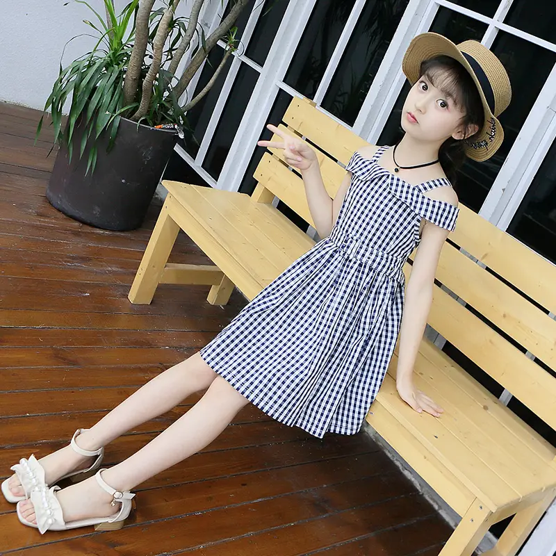 Trang Phục Mùa Hè Cho Bé Gái, Thời Trang, Phong Cách Hàn Quốc, Váy Trễ Vai Sang Trọng, Họa Tiết Kẻ Sọc Cổ Điển Thích Hợp Cho Bé Gái Và Trẻ Em Lớn, 2025 4