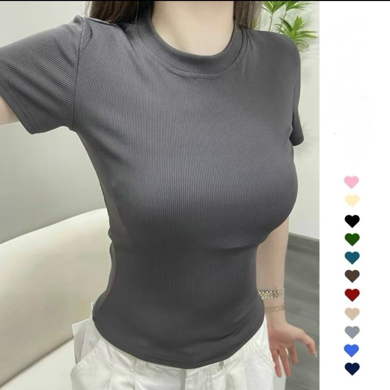 [ 01 ]  Áo Thun Trơn Nữ cổ tròn vải thun gân đẹp fom ôm dáng