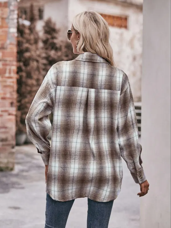 Women's Tartan Print Button Front Pocket Shirt, Casual Drop Shoulder Long Sleeve Top for Fall & Winter, Women's Clothes for Daily Wear 6