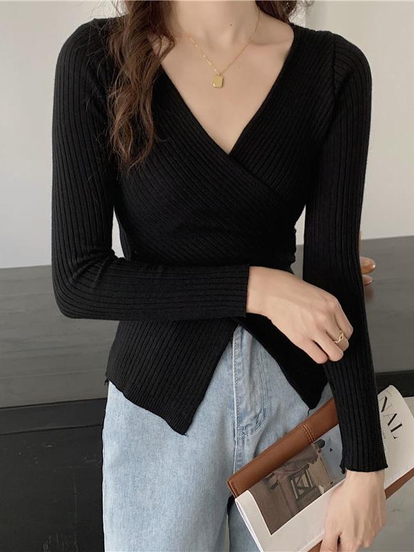 Eliza Knit Sweater Wanita V-neck Gaya Korea All-Match Pakaian Wanita Knit Baju Panjang 5