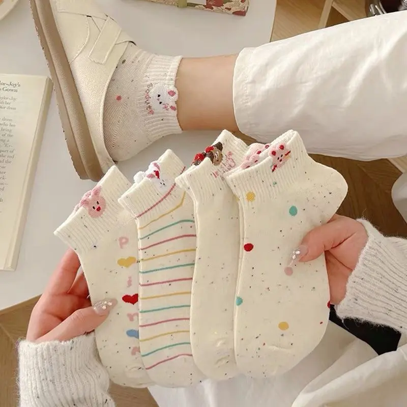Dot Yarn Socks Women Short Socks Spring Summer New Ins Trendy College Style Cute Low Cut Boat Socks Cartoon Korean Style Bunny Socks