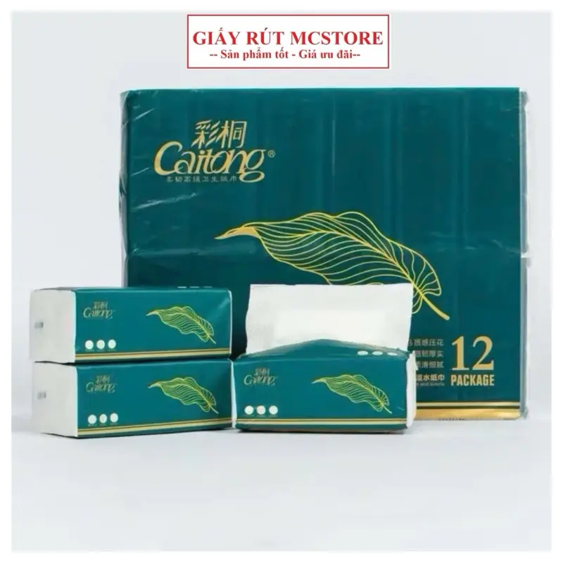 [4 bịch-48 gói] miễn Ship, Caitong xanh lá, Giấy Ăn, làm từ bột gỗ, Giấy rút đa năng