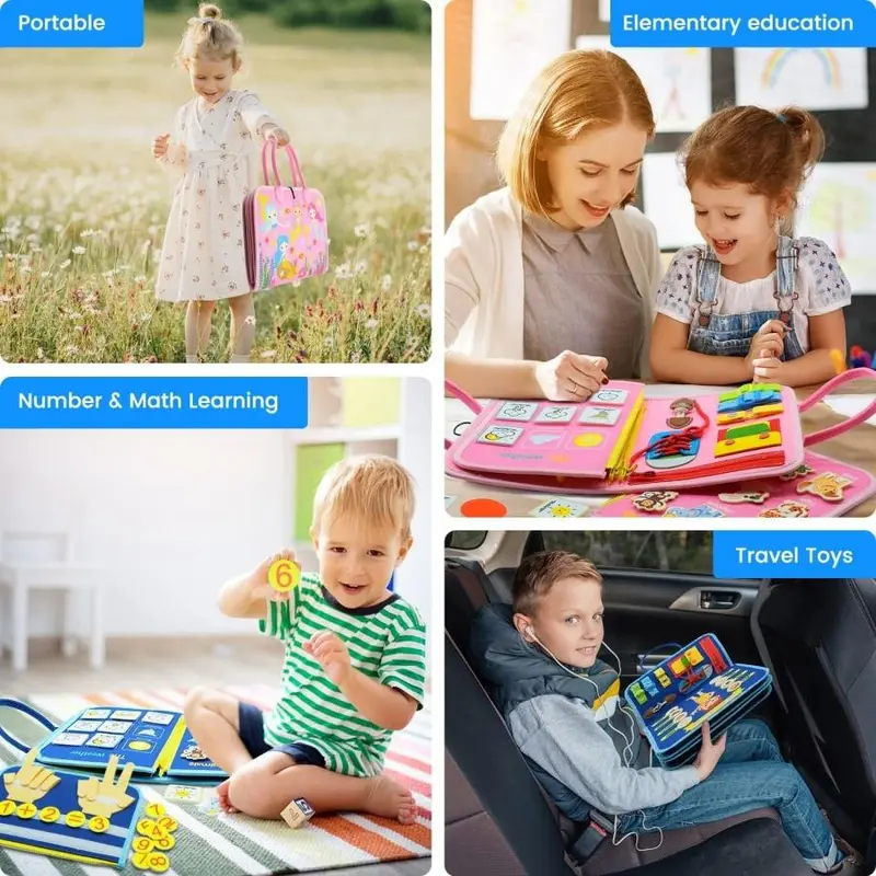 8 Pages Baby Sensory Toy, Portable Baby Busy Board for Motor Skill, Montessori Learning Sensory Play Toy for Home Nursery Use, Christmas Gift 7