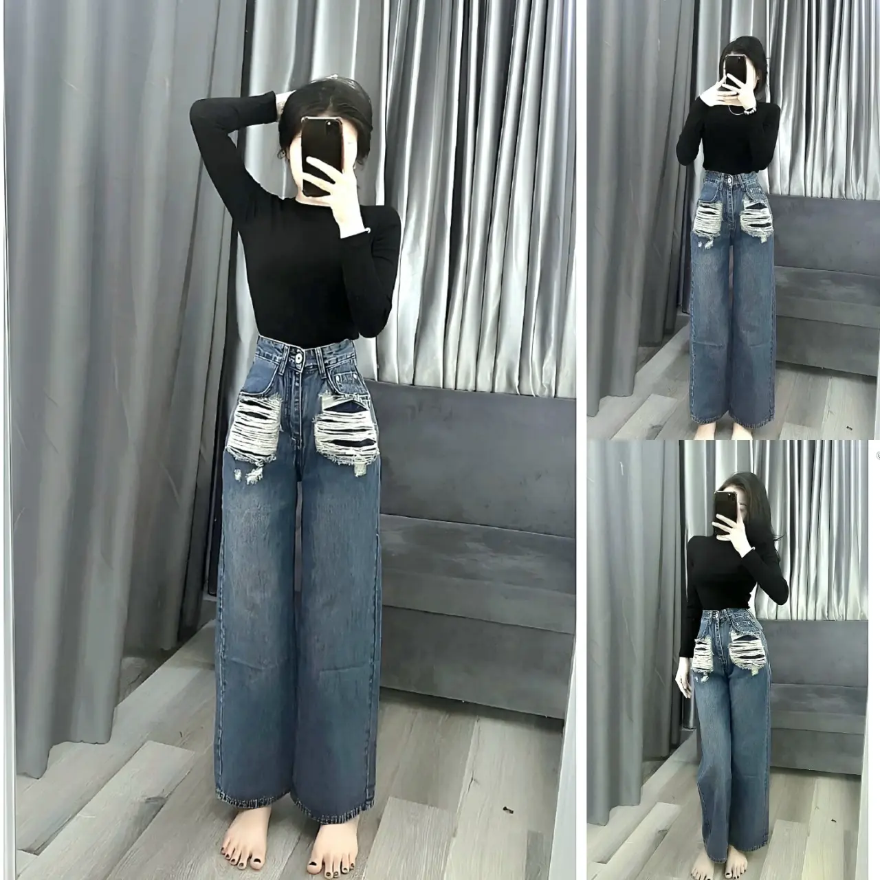 HÓT 2025 Quần jean nữ ống suông ELWYN quần bò ống rộng cạp cao tôn dáng màu xanh