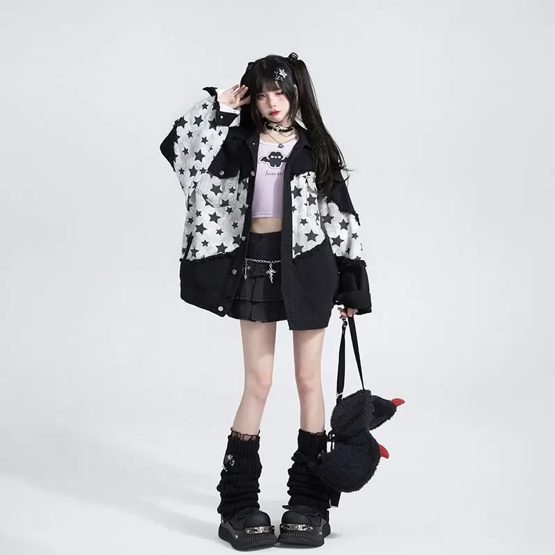 Áo Khoác Denim, Màu Đen, Dành Cho Nữ, Phong Cách Cổ Điển Mỹ Ngọt Ngào Và Ngầu Ins Hợp Xu hướng, Khâu, Dáng Rộng Vừa Vặn, Áo Khoác Có Ve Áo 2