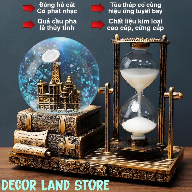 Đồng hồ cát kèm quả cầu pha lê phát sáng 7 màu với mô hình tòa tháp cổ điển, hiệu ứng tuyết bay. Decor Phòng