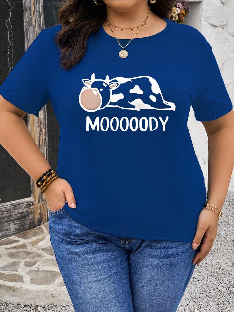 Product Introduction of 【Plus Size】 Milk Cow Print Round Neck Tee, Fashion Casual Crew Neck Short Sleeve T-Shirt for Daily Outdoor Wear, Women Plus Clothing for Summer 1