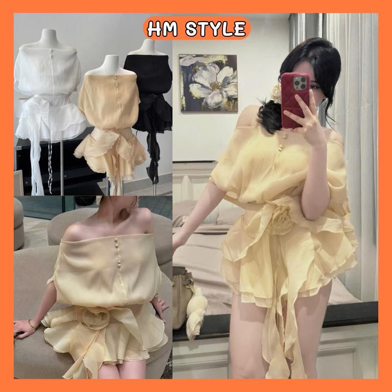 Đầm Trễ Vai Liền Chất Tơ Hở Lưng có bo chun lưng Đính Hoa HM STYLE HV638 Nữ Women Dress