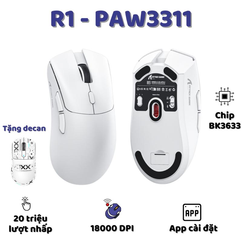 Deal độc quyền Chuột Gaming Không Dây Ziyou Attack Shark R1 Siêu Nhẹ Chip Paw3311 Có App và Chế Độ Kết Nối Bluetooth / 2.4G / Type-C