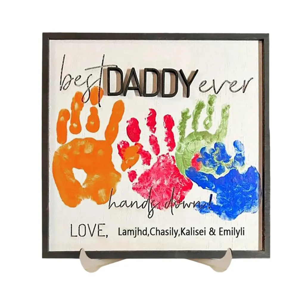 Agyrvzf- Wooden Handprint Ornament Diy Handprint Plaque Dad Ever Wooden Plaque Desk Father and Kids Handprint Keepsake Father's Day Gift from Daughter Son Papa Grandpa