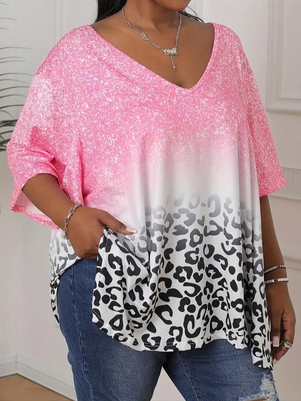 Plus Colorblock & Leopard Print Batwing Sleeve V Neck Tee, Summer Clothes, Soft Comfortable Half Sleeve Top for Summer, Mean Girls Outfit, Women's Clothes for Daily Wear, Casual Womenswear 2