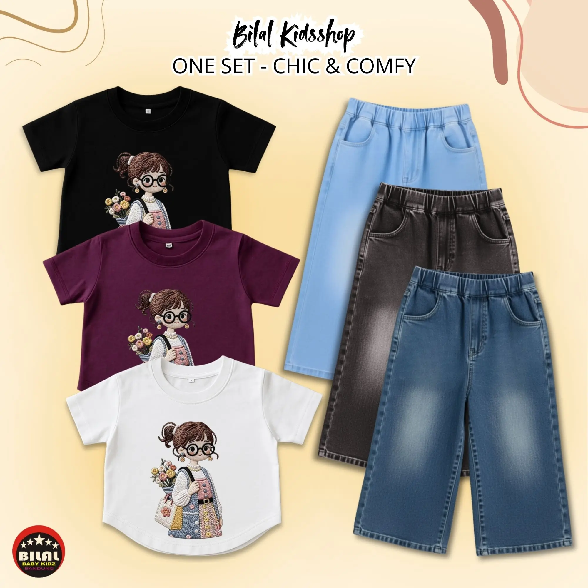 One Set Anak Perempuan Cute Girl Crop Oval dan Kulot Jeans Polos 1-10 Tahun