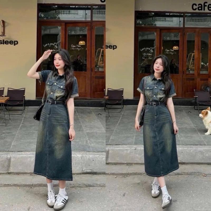 Đầm Jeans Cứng Cổ Sơ Mi Kèm Dây Nịt Màu Wash Nhẹ