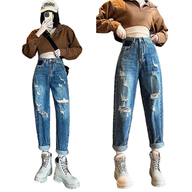 Quần Jean Baggy Nữ BigSize Lưng Cao Rách bụi, Phong Cách Hàn Quốc, Màu Xanh Đá Đậm Rách 3006 3007 Lưng Chun Denim Pants Women
