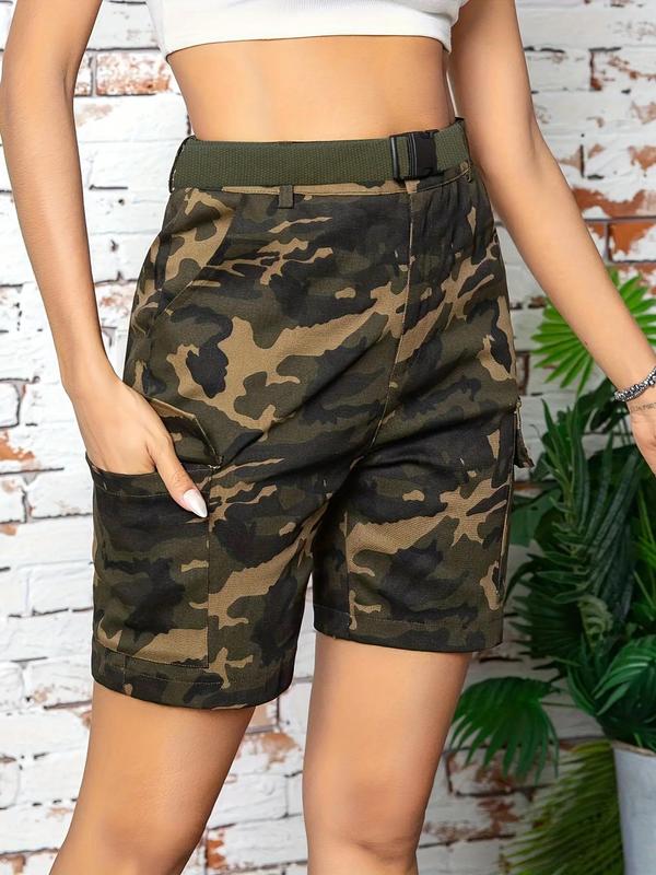 Women's Camo Print Belted Cargo Shorts, Casual Pocket Design Shorts for Summer, Ladies Bottoms for Daily Wear 6