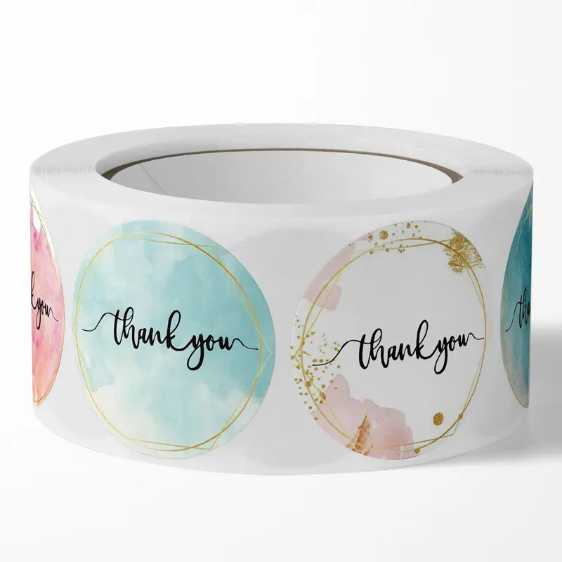 Watercolor Thank You Sticker, 500pcs/roll Round Self Adhesive Sticker, Decorative Sticker for Gift Greeting Card Envelope Water Bottle 6