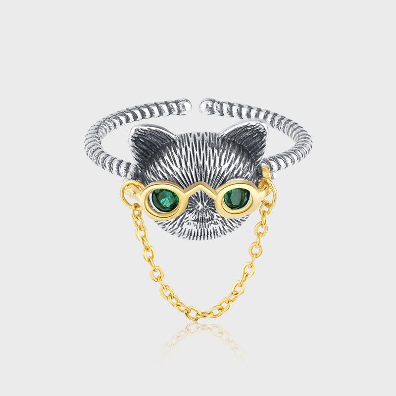 925 Sterling Silver Doctor Cat Ring with 18K Gold Plated Glasses4