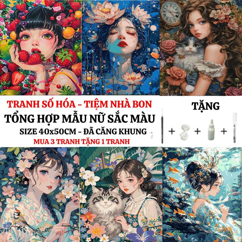 (40X50cm-CÓ BACKBOARD) Tranh tô màu theo số NỮ SẮC MÀU có sẵn khung, cọ vẽ, màu vẽ, tặng màu bóng, bút xóa số, dung môi pha loãng và cọ chuyên dụng. Mua 3 tranh tặng 1 tranh Diy