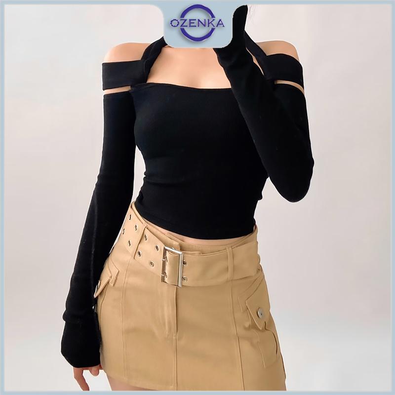 Áo croptop nữ tay dài trễ vai OZENKA ,a áo crt kiểu ôm body gợi cảm chất đẹp màu trơn đen trắng Shirt Jean Sơ Mi Women Voi