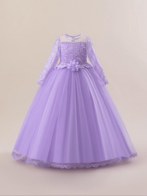 Girl's Contrast Mesh Flowers Decor Zipper Back Fit & Flare Dress, Elegant Long Sleeve Round Neck Tulle Dress for Party Performance Wedding Guest, Kids Clothes for All Seasons 6