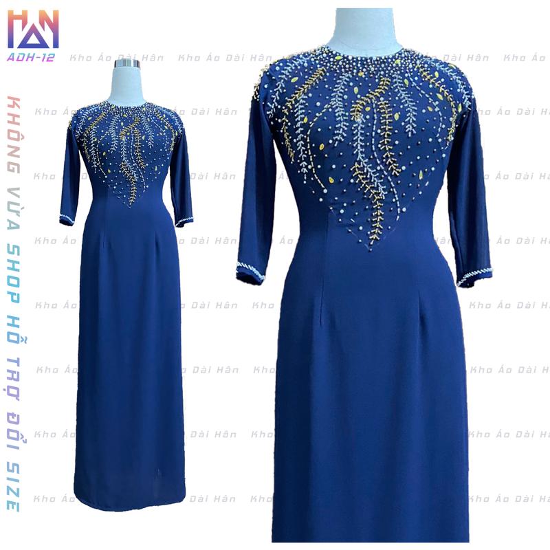  Áo dài thiết kế đính đá ngực bằng chỉ thêu tay màu xanh than chiffon 4 tà mềm mịn co dã mặc đi tiệc ngồi sui hoặc làm quà tặng Nữ Women Dress Voi Voan Sen 