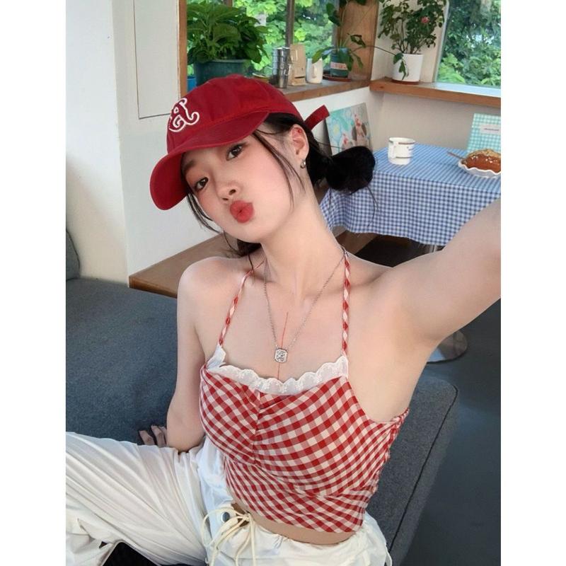 Áo yếm croptop kẻ caro đỏ viền trắng mùa hè thời trang nữ Famos
