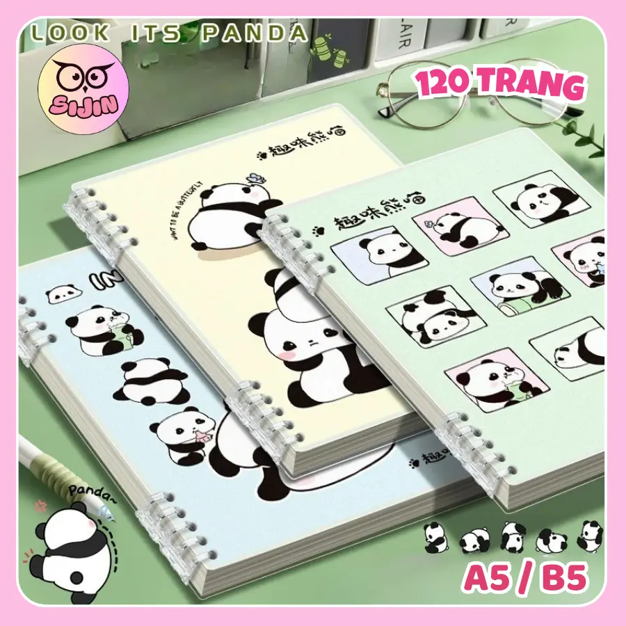 Sổ còng A5/B5 120 trang bìa gấu panda ngộ nghĩnh giấy kẻ ngang/kẻ caro - Bìa sổ thay được giấy thiết kế khuyết còng không cấn tay có thể tách rời dễ viết planner, làm sổ tay, vở ghi chép planer, bullet journal - SIJIN