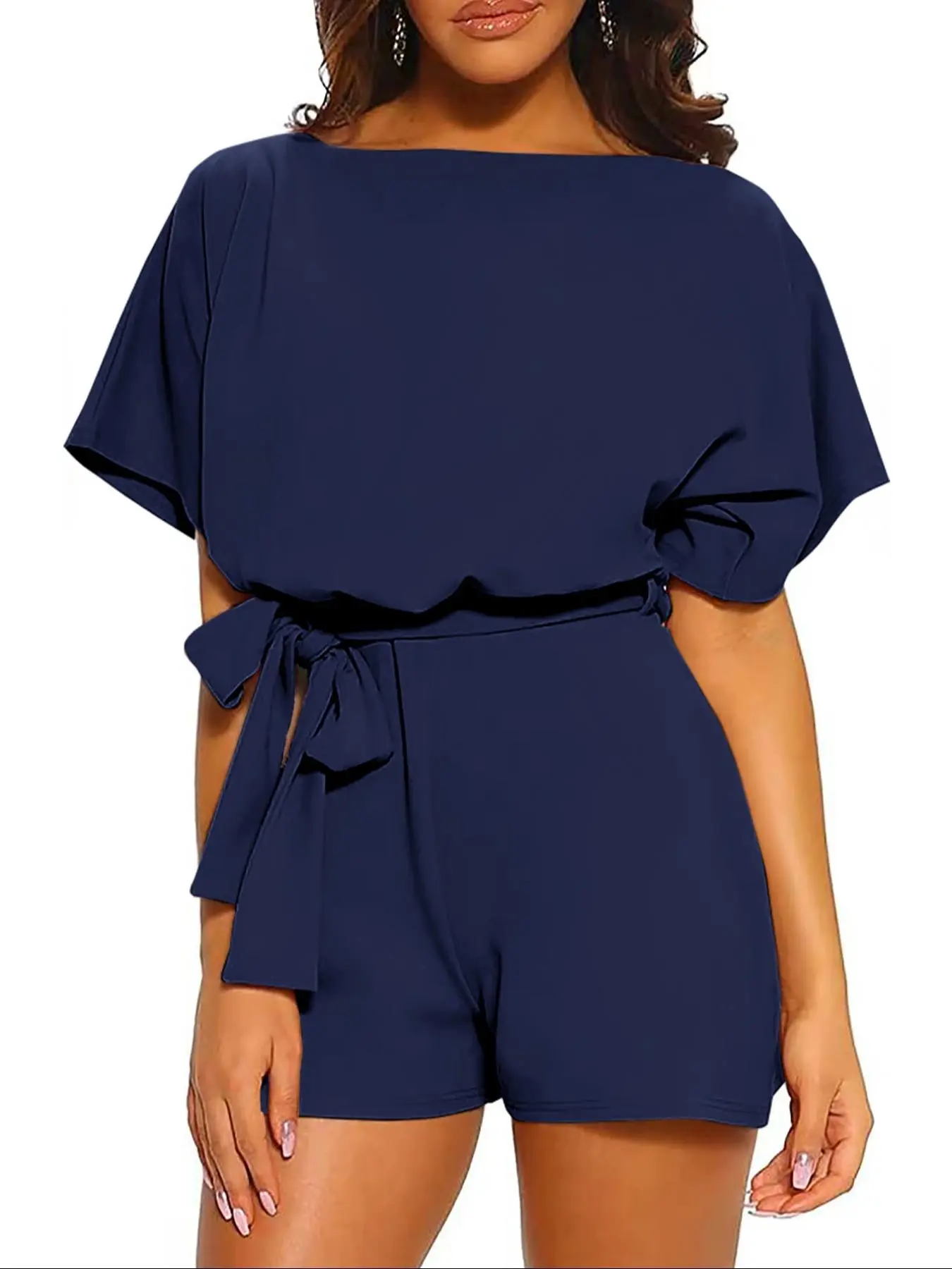 Women's Solid Color Tie Side  Romper, Casual Short Sleeve Romper for Summer, Fashion Women's Clothing for Daily Wear