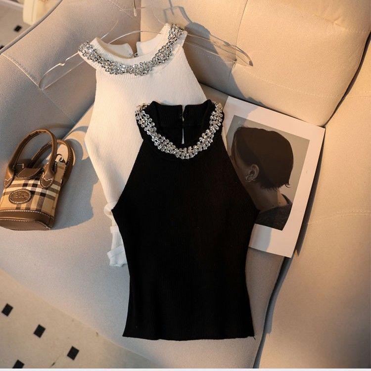 Áo Vest Dệt Kim Cổ Yếm Kim Cương, Cao Cấp, Dành Cho Nữ, Thanh Lịch Và Gợi Cảm, Ngắn Và Bó Sát, Trễ Vai, Thiết Kế Dễ Thương Và Gợi Cảm, Thích Hợp Cho Mùa Hè 0