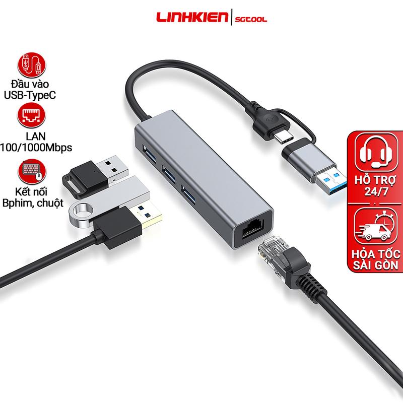 Cáp Chuyển Hub USB3.0 Type C Ra 3 Cổng Usb 3.0 Kèm Cổng Mạng LAN 10/100/1000 Mbps, hub chia cổng Type C LAN