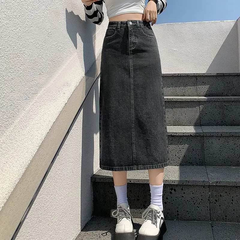 Chân Váy Denim, Màu Đen Và Xám, Dành Cho Nữ, Cạp Cao, Dáng Ôm, Chữ A Nhỏ Xẻ Tà, Dài Trung Bình Chân Váy Bodycon, Thích Hợp Cho Mùa Hè 2023 Women Khuy