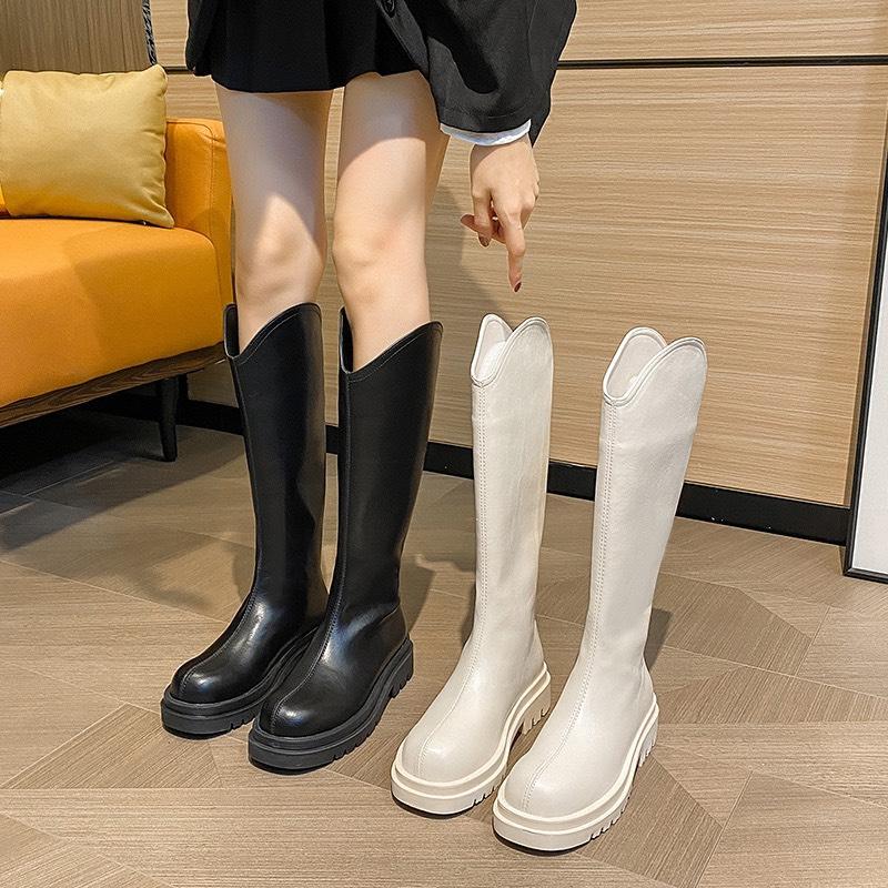 (Loại 1) Bốt đùi nữ cổ V chất da mềm lót êm ái đế 4 cm Shoes Boot