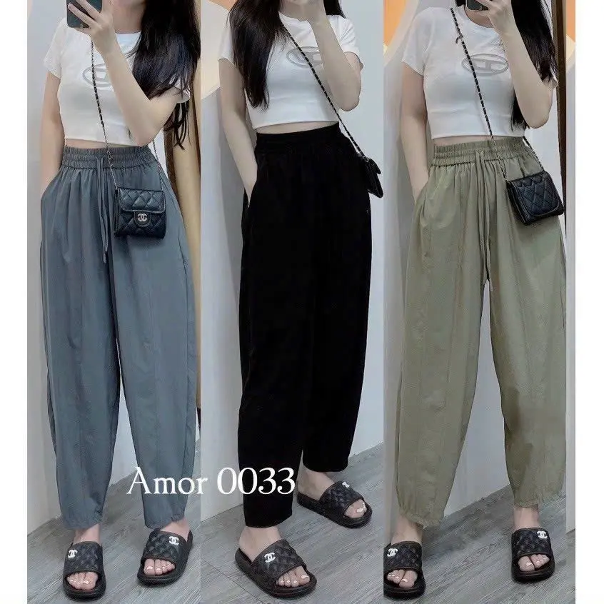 Quần Baggy 9 tấc gió giãn lưng thun cạp cao co giãn.[552] Nữ Women Nhung Voi quần  thun