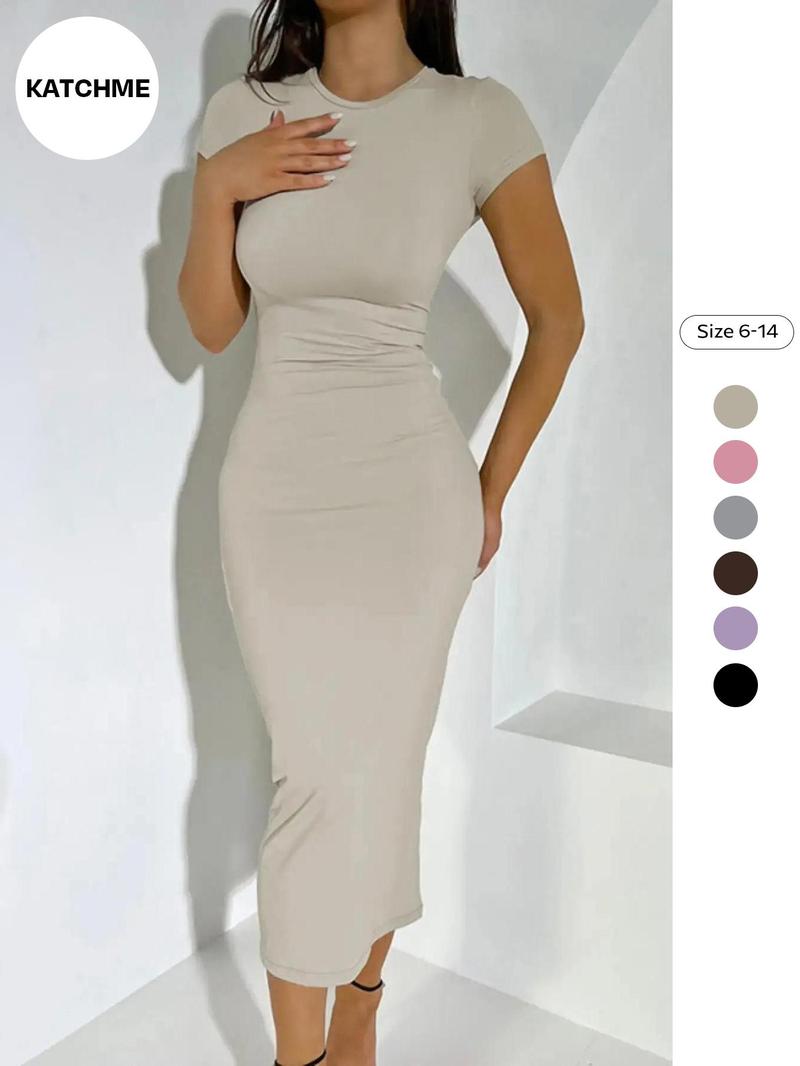 Product Introduction of Women's Solid Round Neck Bodycon Dress, Short Sleeve Midi Sunress for Daily Outdoor Wear, Autumn Outfits 2024, Women Party Dresses, Dress for Women, Lady Clothes, Homecoming Dresses, Modest Outfits, Birthday Dress Black Girl, Sassyandclassyclothing 1