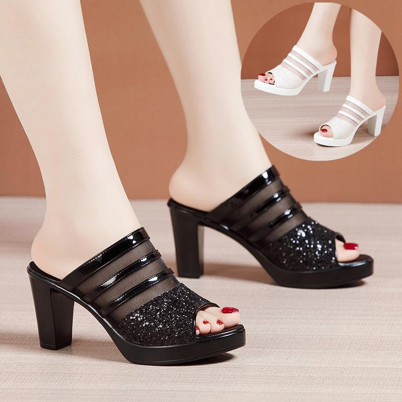 Có sẵn Guốc Nữ Cao Gót Quai Da Lưới Phối Kim Sa Cao Cấp - CG3120