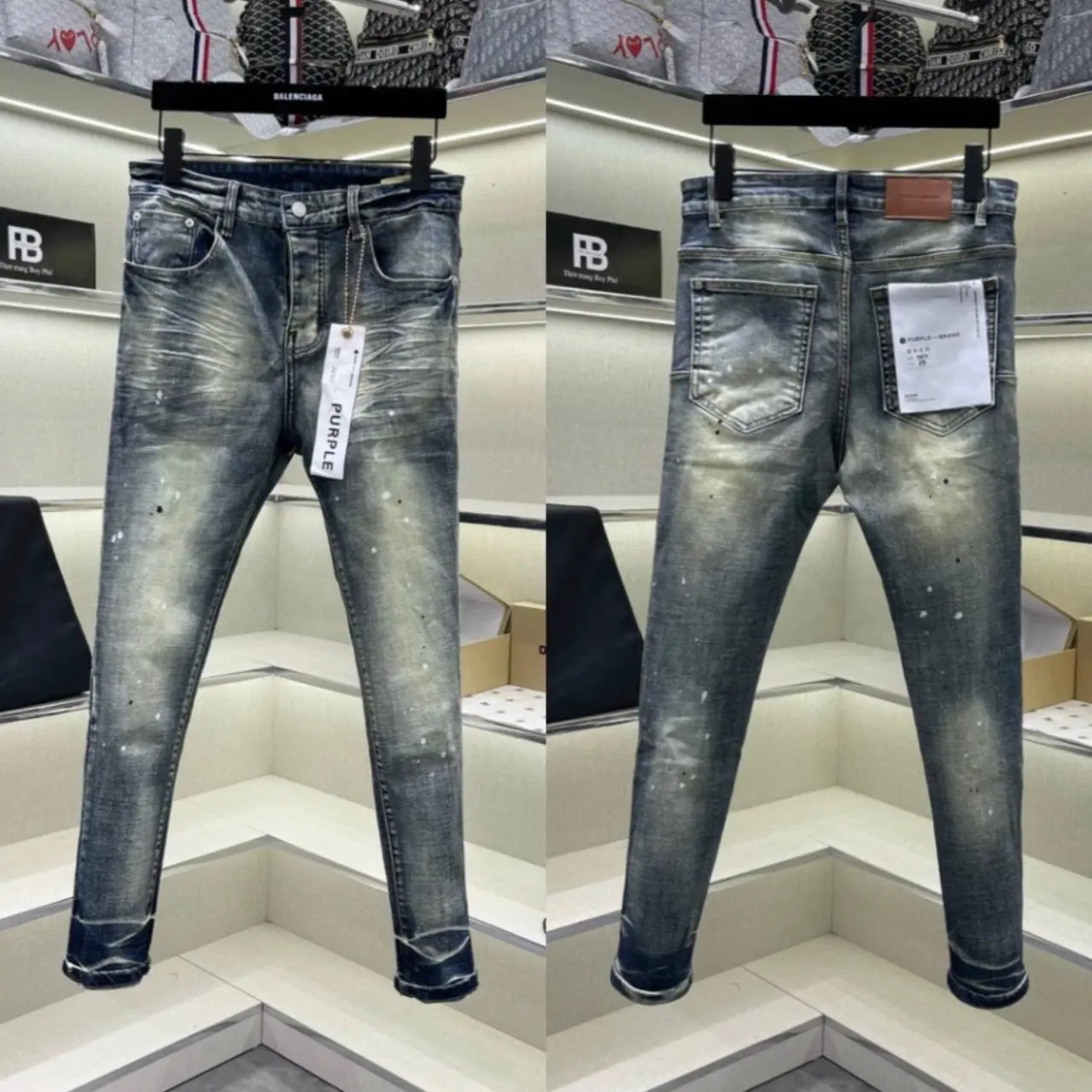 Quần Purple Jean Bò Nam Xanh Trơn Vẩy Sơn 4 Khuy, Quần Bò Purple Màu Bụi Vẩy Sơn Xanh Sáng Chất Co Giãn Ống Côn, New