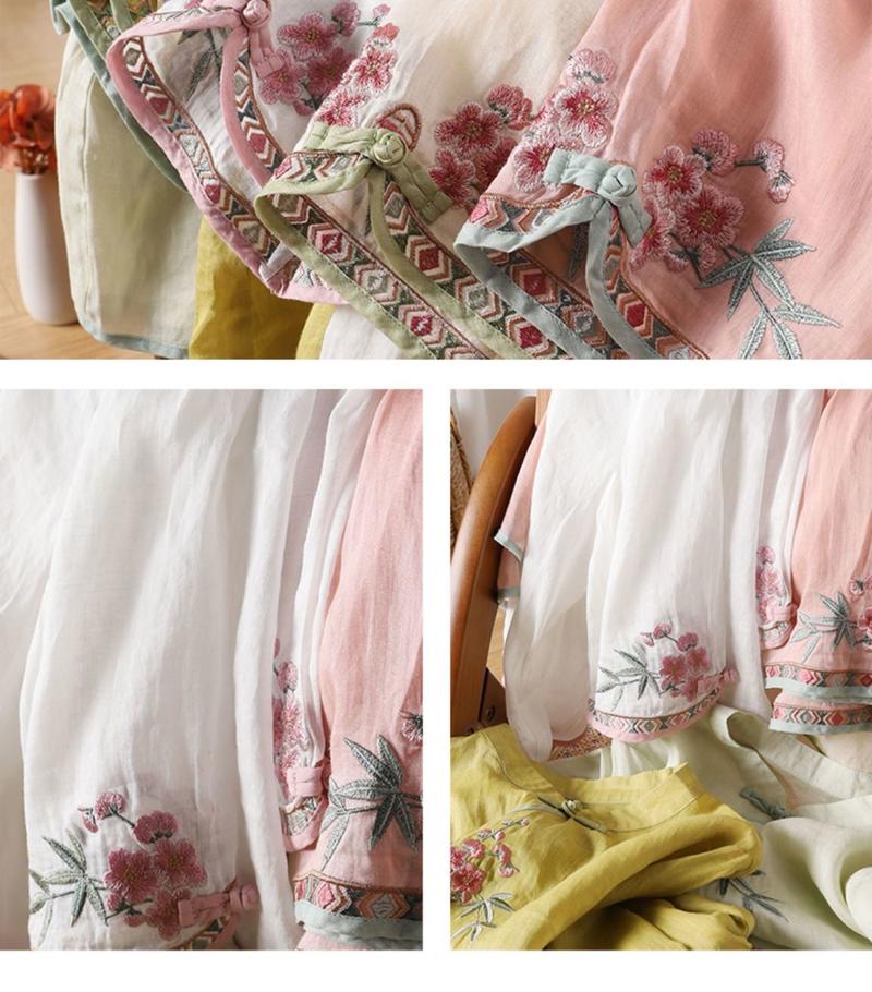 Product Introduction of Áo Cánh Cổ Điển Nút, Cổ Chân Đế, Vạt Nghiêng, Phong Cách Dân Tộc, Thêu Nặng, Làm Bằng Vải Lanh Bông, Tay Áo Ba Phần Tư, Dành Cho Nữ, Hàng Mới Về Mùa Hè 2025 Top Women Sơ Mi 4