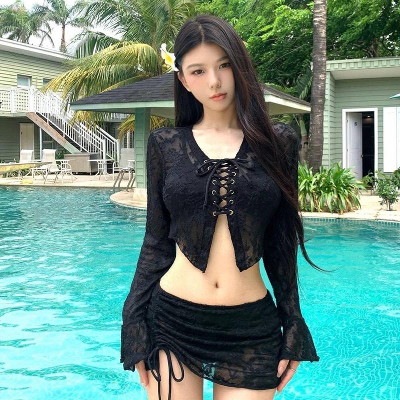 Ms 092 Bikini đồ bơi biển bốn chi tiết áo có mút áo KHOÁC ĐAN DÂY phối váy rút dây sẵn chip sang xịn
