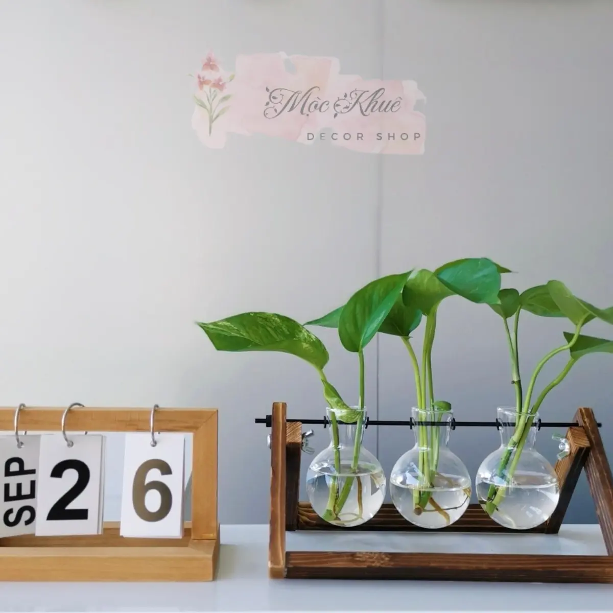 (Mộc Khuê Decor) - Lọ hoa thủy tinh hình bóng đèn có khung gỗ để bàn trang trí nhà cửa/ văn phòng( không kèm cây) Decor, Decor Phòng bình hoa  nối liền cổ đại