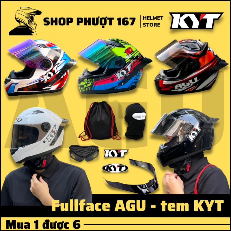 ( Tặng che cằm và tem KYT, Đuôi gió, khăn ninja) Mũ bảo hiểm Fullface AGU đủ màu tem dán tem KYT và đuôi gió chính hãng 2025 Helmet