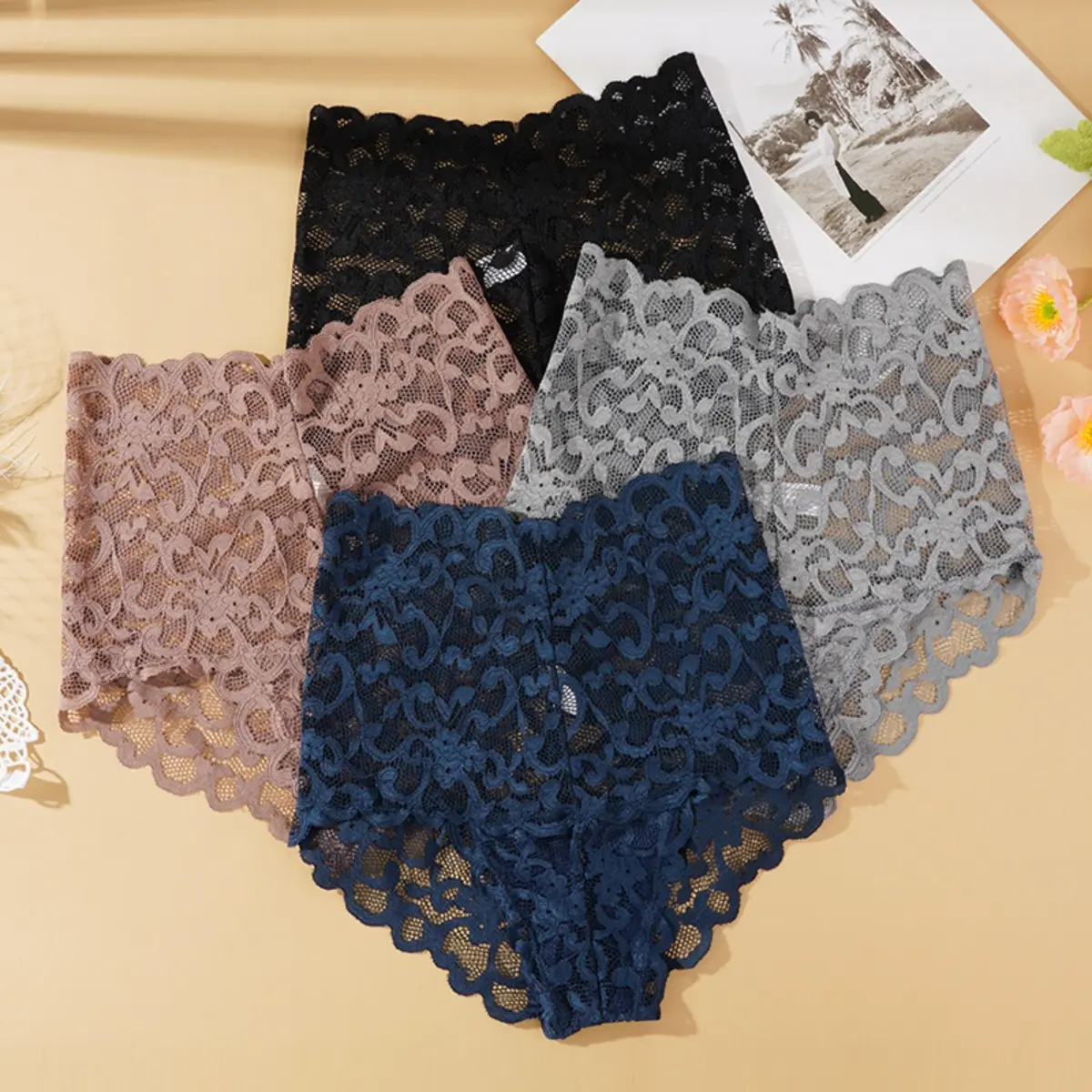 Women High Waist Sexy Lace Panties Sheer Lace Underwear Plus Size Lingerie L-2XL
