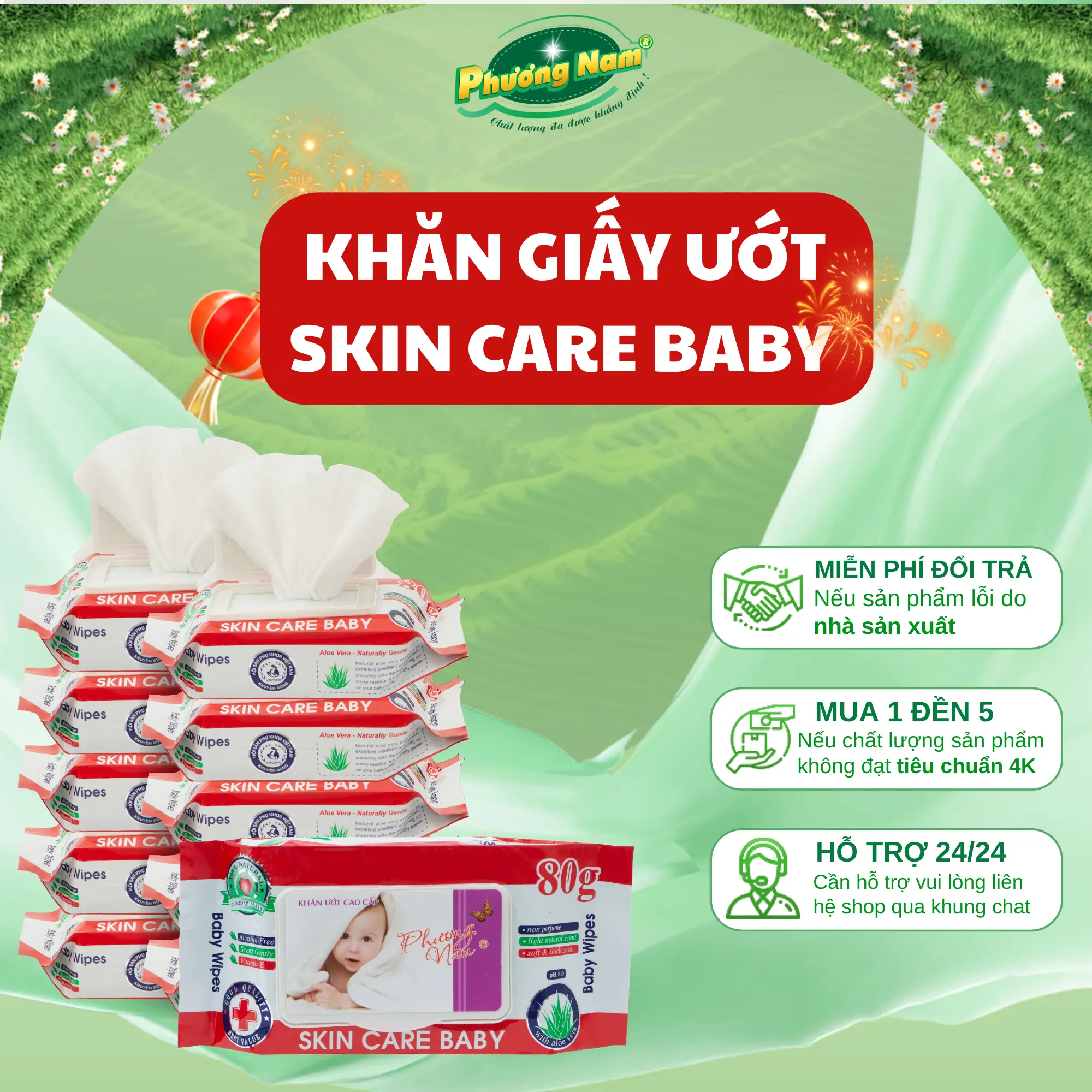 [COMBO 10 BỊCH] Khăn Giấy Ướt Skin Care Baby Phương Nam - Mềm Mại, Không Gây Kích Ứng, An Toàn Cho Làn Da Của Bé