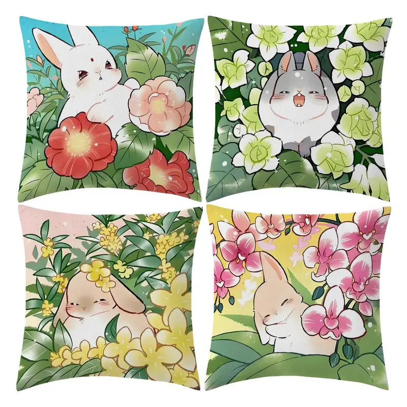Cute Rabbit Pattern Cushion Cover, 4 Counts/set Soft Comfortable Throw Pillow Cover, Household Decoration Supplies for Home Living Room Bedroom 0