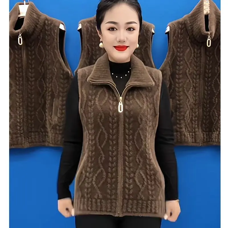 Áo Khoác Vest Len Giống Lông Chồn, Quần Áo Mùa Thu Và Mùa Đông Của Mẹ, Dáng Rộng Vừa Vặn, Phong Cách Phương Tây, Lót Lông Cừu, Dày Dặn, Áo Vest Ngắn, Dành Cho Nữ, Năm 2024