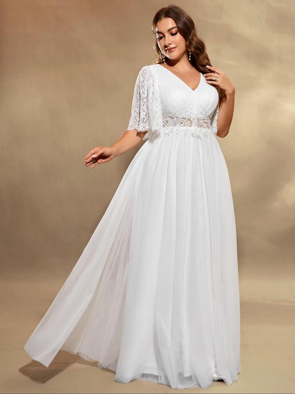Plus Size Plain Contrast Lace Sequin V Neck Tulle Wedding Dress, Elegant Butterfly Sleeve Maxi Dress for Wedding Party, Women's Summer Clothes 3