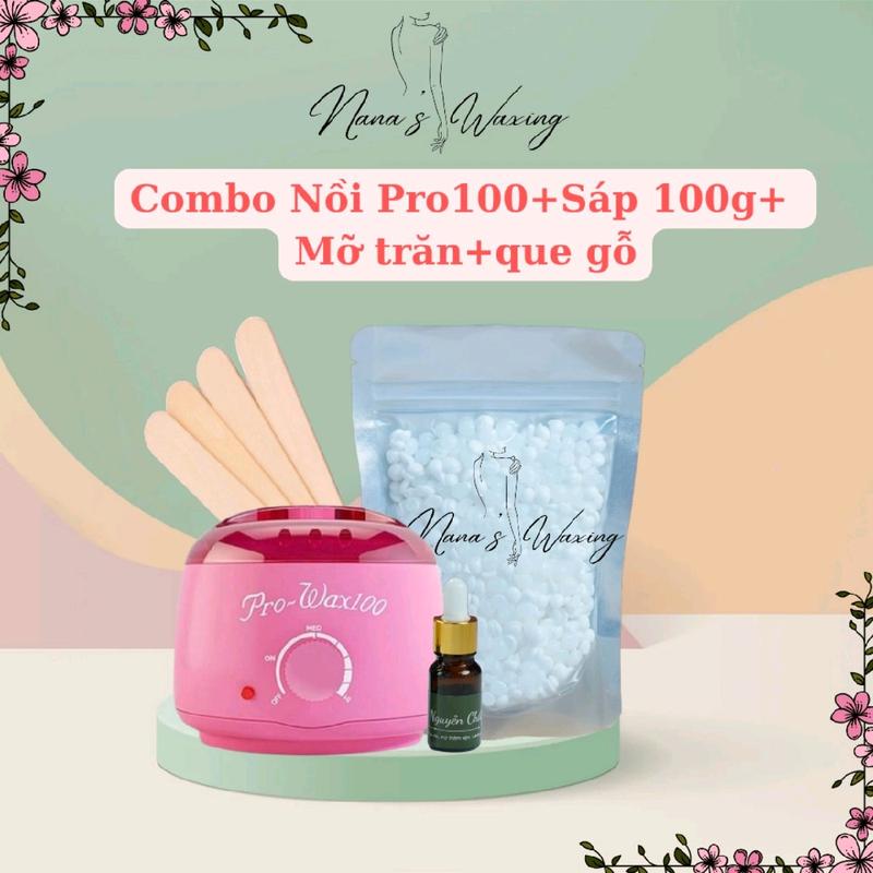 [Tặng que gỗ] Combo Nồi nấu sáp Prowax 100 kèm 100gr sáp dừa và mỡ 10ml, sáp tẩy lông vùng nách, mép, râu, tay,chân...... sap wax Women