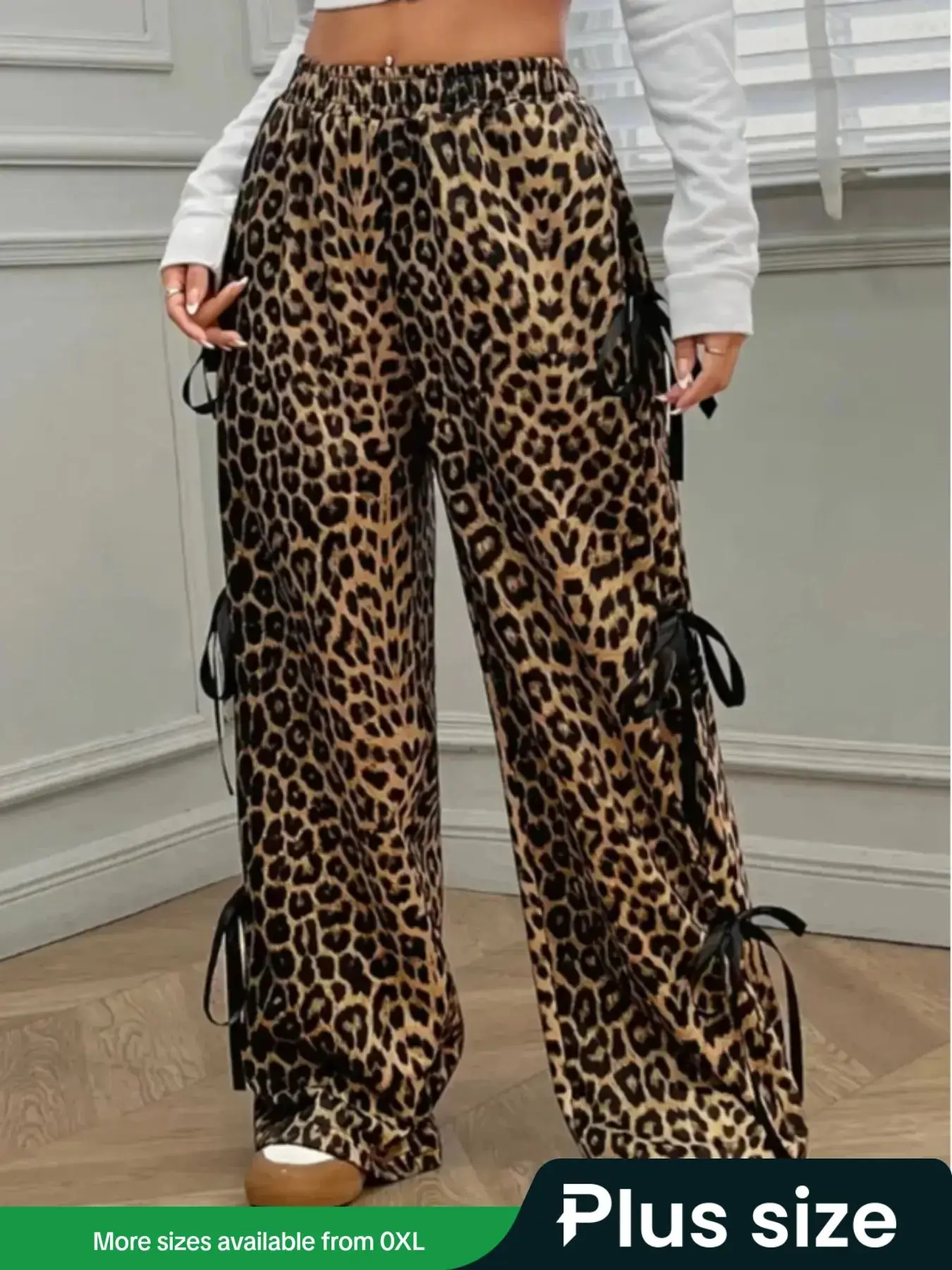【Plus Size】 Leopard Print Tie Side Pants, Casual Comfy Wide Leg Pants for Daily Wear, Women's Bottoms for All Seasons
