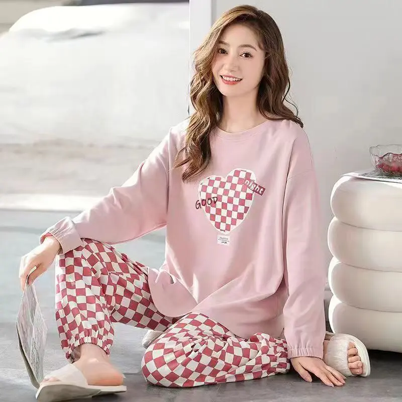 WECOVE  long sleeved pajamas women's set sweet and cute women's pajamas long sleeved home clothes Loungewear Nightwear Lingerie Pjs Heart Love
